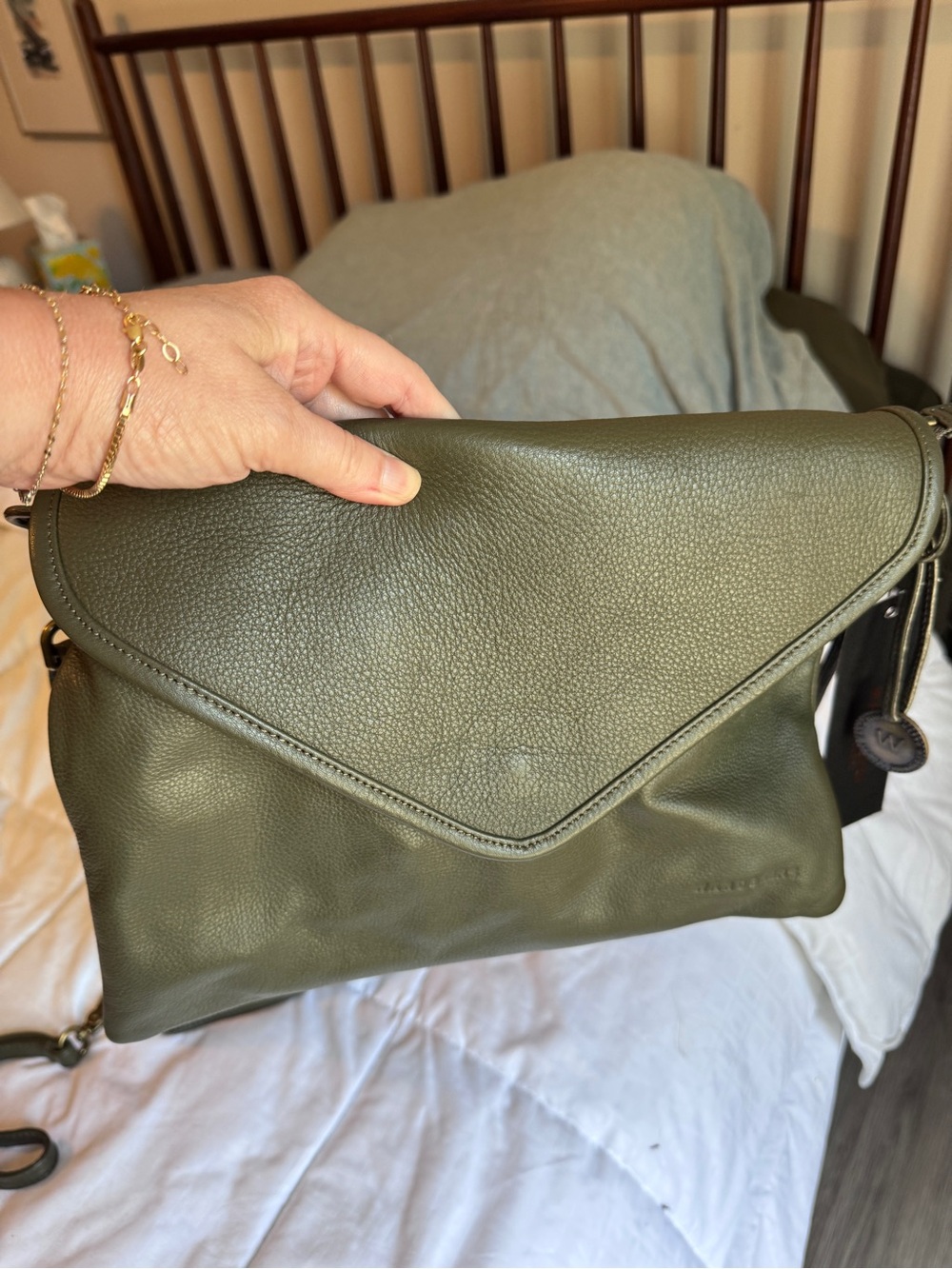 Pebbled Olive Green Leather Envelope Crossbody Bag